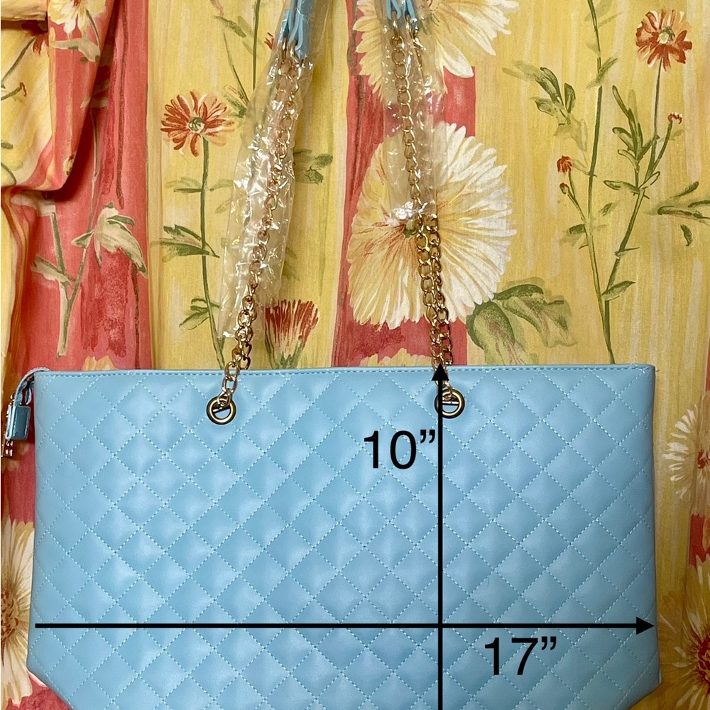 Light Blue Quilted Badgley Mischka Tote Bag with Gold Chain Straps, NWT!! - Picture 8 of 8